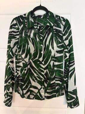 Marciano by Guess Sheer Tropical Leaf Print Blouse | Green & White | Size M